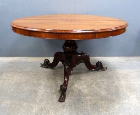 19th century mahogany tip top breakfast table on baluster column with carved tripod legs, diameter 134cm.  Provenance: part o