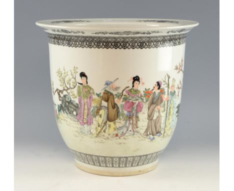 20th century Chinese famille rose jardiniere decorated with figures in a garden setting, 37cm high,.   Light wear to decorati