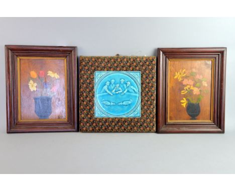 19th century turquoise tile depicting a cock fight, and two still life's of flowers painted on wood .   Tile appears to be in