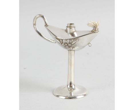 Chinese silver white metal table lighter with marked character marks to base .   Missing lid. Surface scratches. Marks clear.