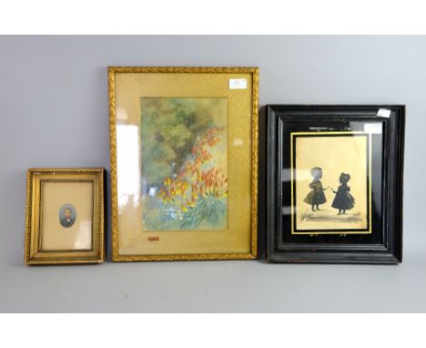H Rowan, watercolour of Red hot Poker (Flower) signed, 19th century portrait miniature and a 19th century portrait miniature 