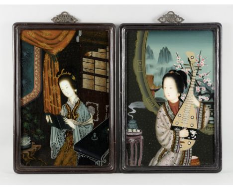Pair of Chinese reverse paintings on glass, one depicting a lady playing a stringed instrument, the other of a lady reading, 