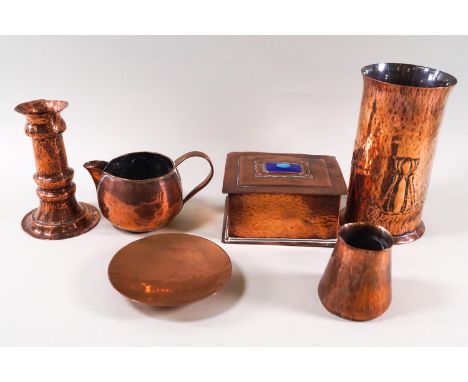 A rectangular copper Arts and Crafts style box, the hinged cover with enamel plaque, 11.5cm wide, together with five other pi