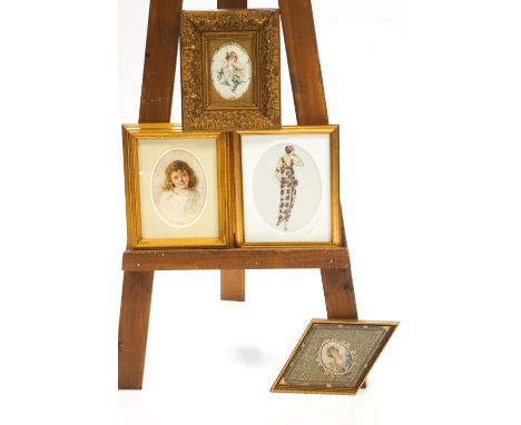 Early 20th century school, portrait of a young girl, watercolour, 17cm x 12cm oval, together three other pictures of ladies