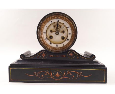 A Victorian slate mantel clock, the enamel dial with visible anchor escapement, striking on a bell, 22cm high