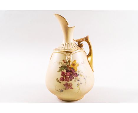 A Royal Worcester blush ivory jug, printed and painted with flowers, printed marks in puce, numbered 1668, 19cm high