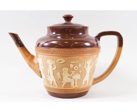 A Doulton stoneware teapot with applied Egyptian figures, impressed marks, 15cm high