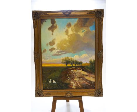 R Evans, Storm Cloud over a lane by Glastonbury Tor, oil on canvas, signed lower right, 120cm x 90cm