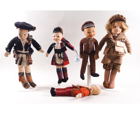 Five plush dolls, Chad Valley and Norah Wellings, the Scotsman with paper tags, 23cm high, four on plastic stands