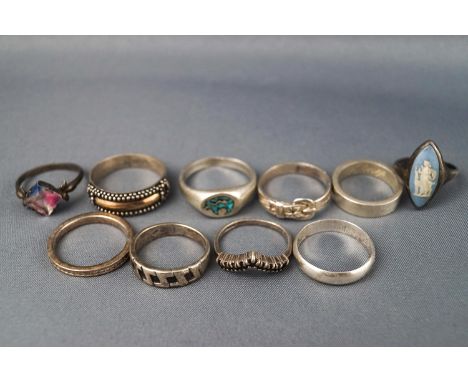 A selection of ten sterling silver dress rings; Size range: L to R Gross weight: 30.4 grams