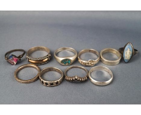 A selection of ten sterling silver dress rings; Size range: L to R Gross weight: 30.4 grams