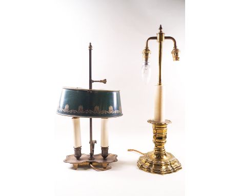 A brass candlestick converted to a table lamp as three lamps, overall 48.5cm high, another with adjustable tole lamp shade an