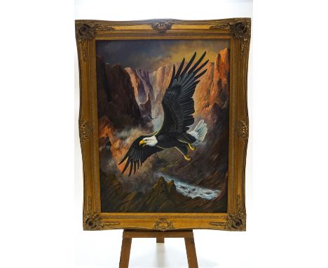 R* Evans, American Eagles in a rocky canyon, oil on canvas, signed lower right and dated 2010, 120cm x 90cm