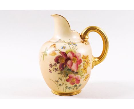 A Royal Worcester blush ivory jug, painted with flowers picked out in gilt, printed factory marks in puce, numbered 1094, 11c