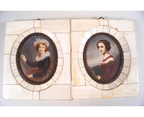 A pair of portrait miniatures, printed and painted with ladies, in 'Piano' key frames, 13.5cm x 11.5cm