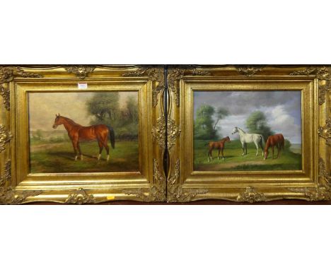 Contemporary school - Study of a bay hunter in a landscape, oleograph on board; together with a companion, each 30 x 40cm (2)