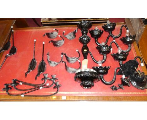 An impressive contemporary Murano black glass hanging ceiling light, having six S-scroll branch arms fitted for electricity, 