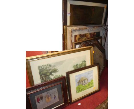 Assorted pictures and prints to include sporting interest; together with an oak framed and bevelled octagonal wall mirror 