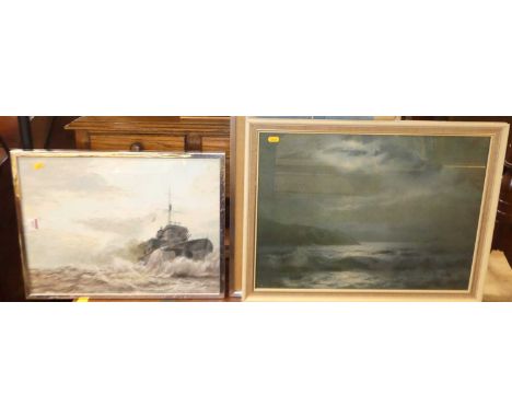 Paul Wright - Gunship in stormy seas, watercolour heightened with white, signed lower left, 37 x 48cm; together with a seasca
