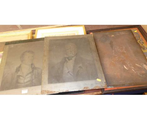 A pair of 19th century steel engraving plates, both being for portrait prints, 38 x 31cm; an etched copper plate, 51 x 33cm; 