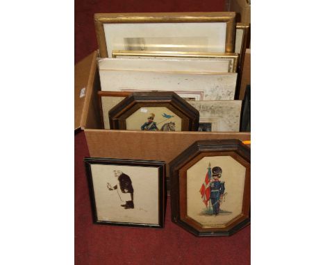A box of assorted pictures and prints to include military interest, portrait studies, topographical views etc 