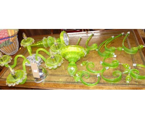 An impressive contemporary Murano lime green glass hanging ceiling light, having five S-scroll branch arms fitted for electri