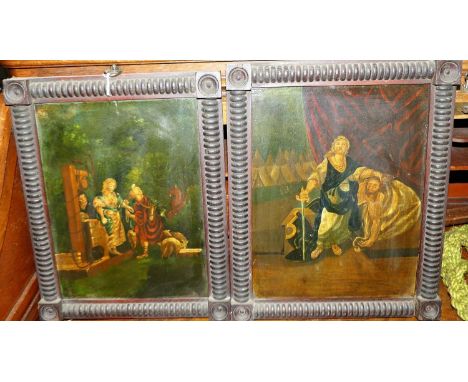 Continental school - Pair; Allegorical scenes, oil on panel, each 28 x 22cm
