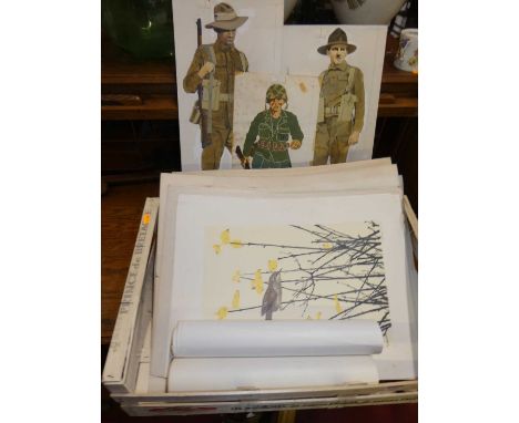 Sundry watercolour drawings of US Army officers; together with various prints etc 