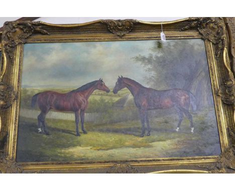 Contemporary school - Mare and stallion in a landscape, oleograph, 60 x 90cm; together with a companion (2)
