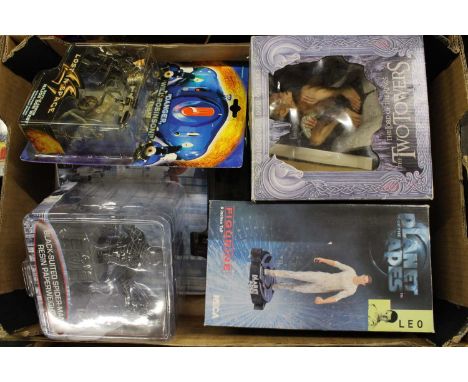 One tray containing a quantity of TV related collectables to include a Neca Planet of the Apes Leo action figure, Lord of the