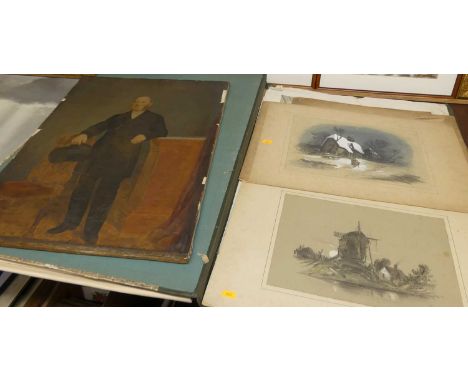 A folio of assorted loose prints, pencil drawings heightened with body colour, L. Burrell Smith watercolour, full-length port