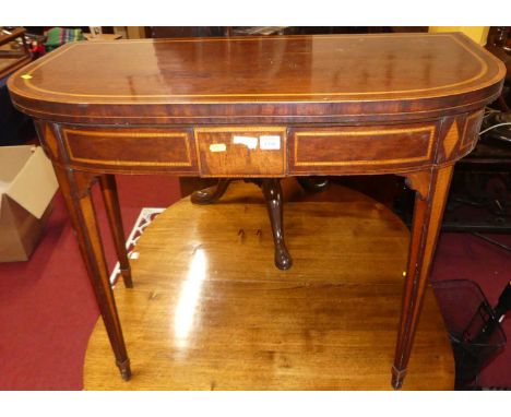 A plum pudding mahogany, rosewood crossbanded and further satinwood inlaid D-shaped fold-over baize lined card table, with re