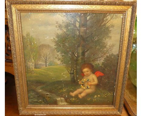 Karl Fuchs (1872-1968) - Study of a cherub by a stream, oil on panel, signed and dated 1910 lower right, 39 x 37.5cm 