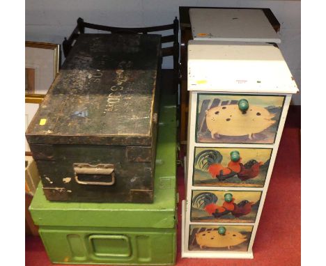A pair of four drawer painted chests, w.25cm; together with a yew wood bedside chest; two division music Canterbury; metal bo