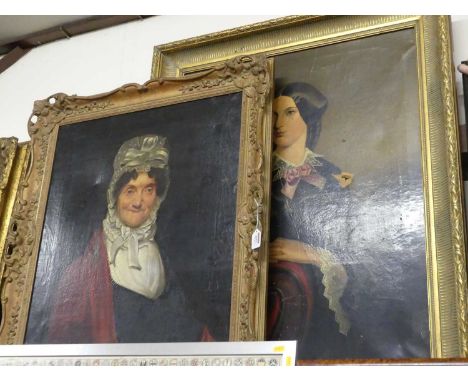19th century English school - half-length portrait of an elderly woman wearing a bonnet, oil on canvas (with several patch re