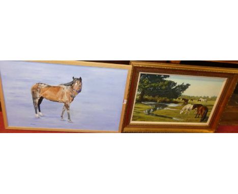 R.E. Douglas - Horse study, acrylic on canvas, signed lower left, 50 x 75cm; Roy Miller - Horses at pasture, oil on canvas, s