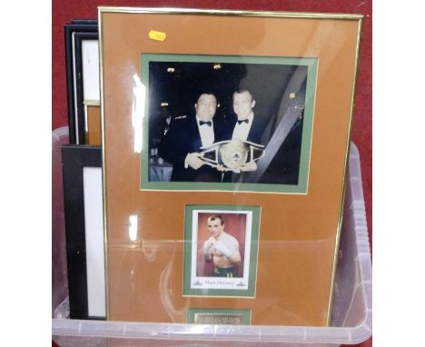 A box of assorted sporting prints and photographs, to include boxing and rugby interest