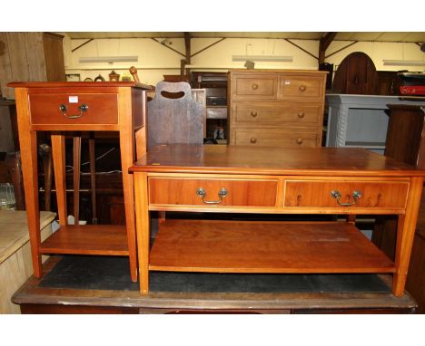 A reproduction yew wood two drawer two-tier coffee table, length 102cm; together with a matching two-tier single drawer lamp 