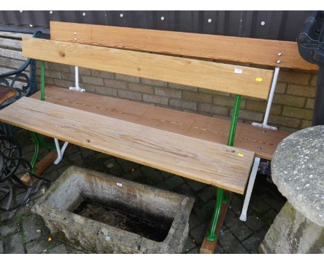 Two cast iron framed and later painted waiting room benches, each with later pine panel backs and seats, the larger width 180
