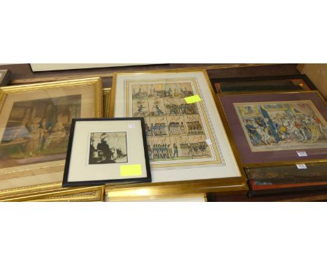 Assorted pictures and prints to include Cruikshank satirical engraving 