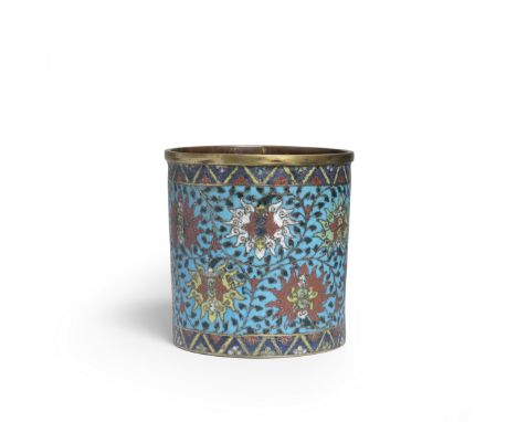 A RARE CLOISONNÉ ENAMEL 'LOTUS SCROLL' BRUSHPOT, BITONG17th centuryFinely cast of cylindrical form and supported on a flat ba