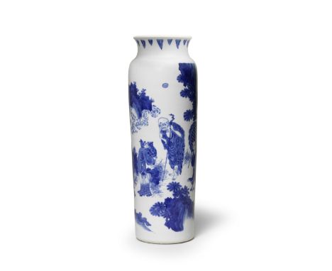 A RARE BLUE AND WHITE 'SAAGATA' SLEEVE VASEChongzhenThe tall elegantly potted cylindrical vessel brilliantly painted around t