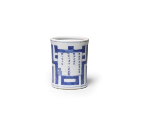 A BLUE AND WHITE 'ODE TO RED CLIFFS' BRUSHPOT, BITONGKangxiThe tall cylindrical vessel finely potted with slightly curved sid