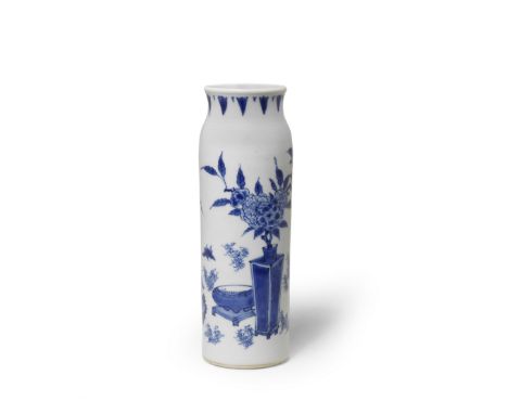 A FINE SMALL BLUE AND WHITE ROULEAU VASEChongzhenThe tall cylindrical vessel rising to a waisted neck, painted around the ext