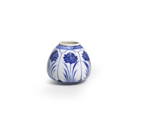 A FINE BLUE AND WHITE WATERPOTKangxiOf lotus-bud form rising from a short foot to a narrow lipped mouth rim, painted around t