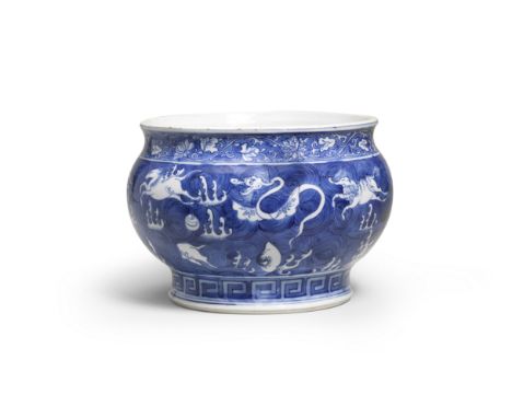 A FINE AND LARGE BLUE AND WHITE 'MYTHICAL CREATURES' INCENSE BURNERChongzhenHeavily potted with a compressed globular body ri