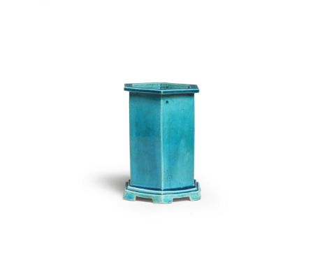 A RARE TURQUOISE-GLAZED HEXAGONAL BISCUIT BRUSHPOT, BITONGKangxiElegantly potted with six straight sides rising from a steppe