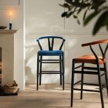 Hansel Upholstered Counter Stool, Blue Velvet and Black Frame - RRP £209.99. - ER20