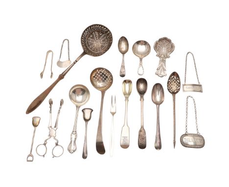 MIXED SILVER FLATWARE ETCETERA. to include a George III mote spoon, by Hester Bateman, a continental sifter ladle with a turn