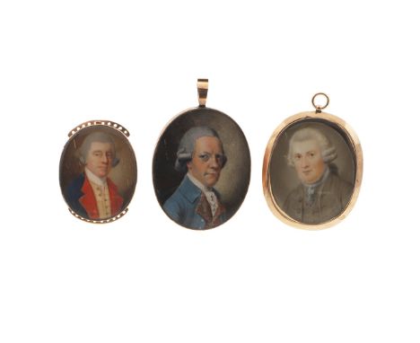THREE LATE 18TH C. MINIATURE PORTRAITS. including portrait of a Mr Croker wearing blue coat, 5.5 x 4.25 cm, another of a gent